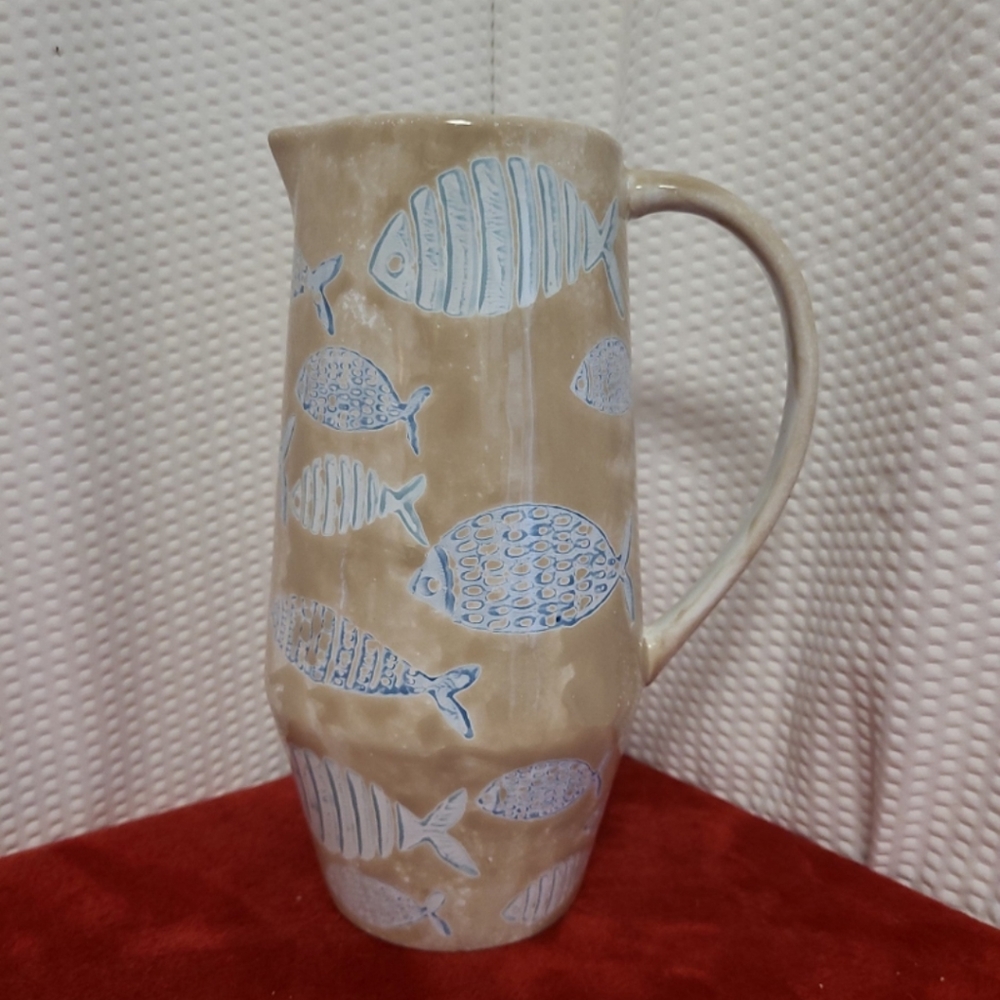 Pitcher Decor. Tan with Blue fish.